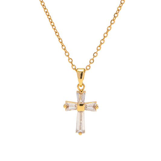 White Zircon Gold Cross Necklace