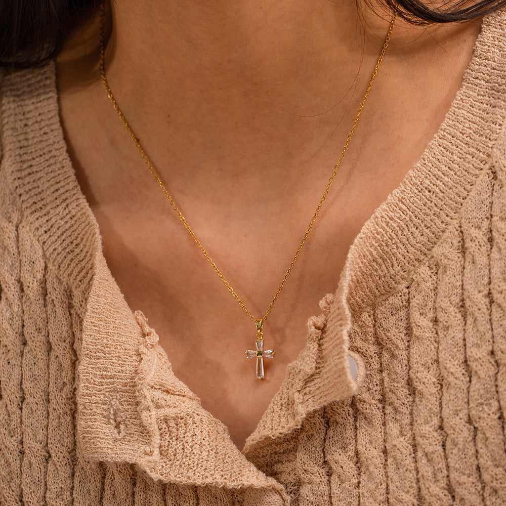 White Zircon Gold Cross Necklace